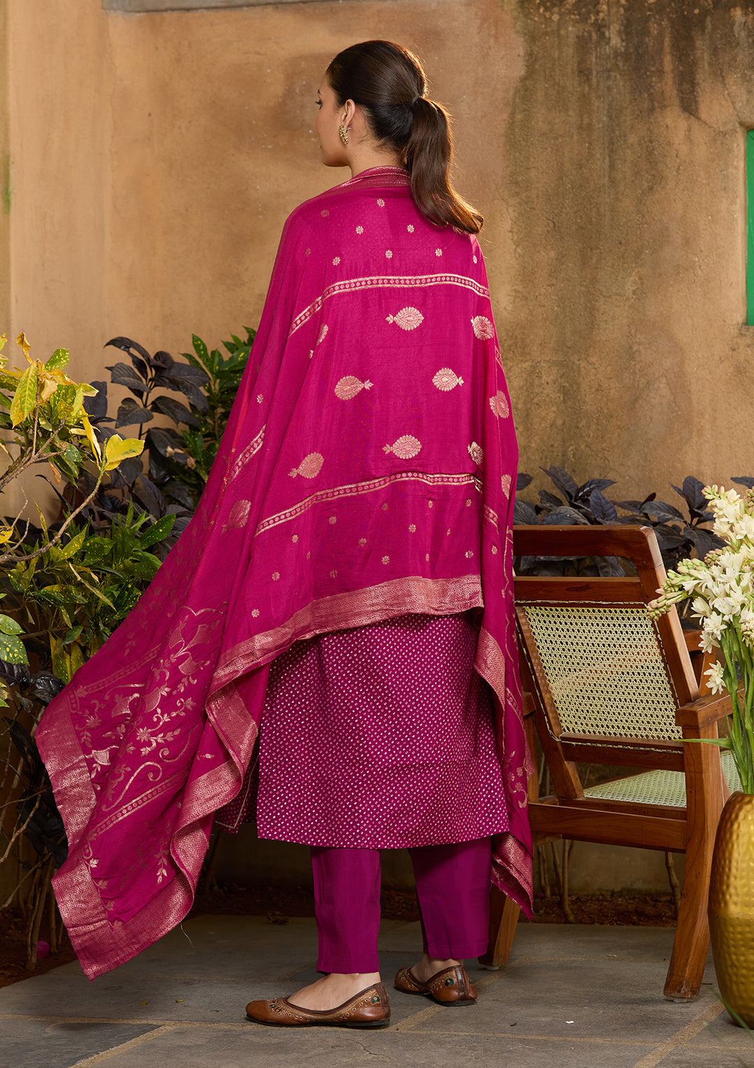 Purple Chanderi Bandhej Cording Straight Kurta With Regular Pant And Dupatta