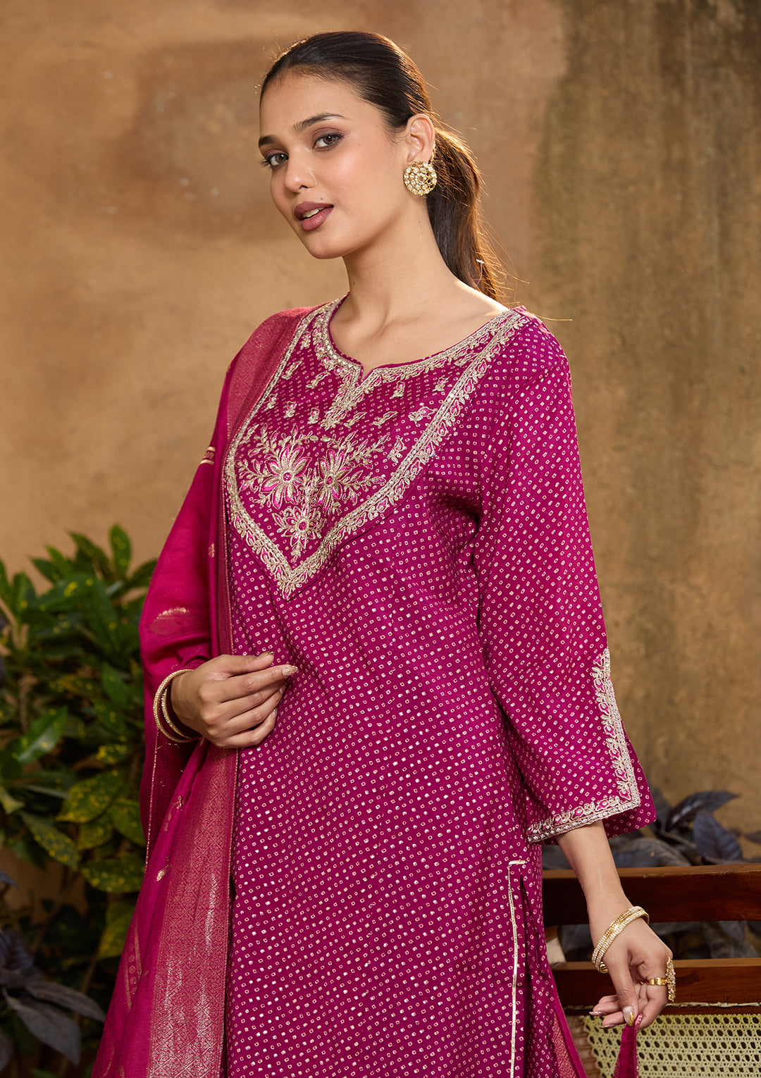 Purple Chanderi Bandhej Cording Straight Kurta With Regular Pant And Dupatta