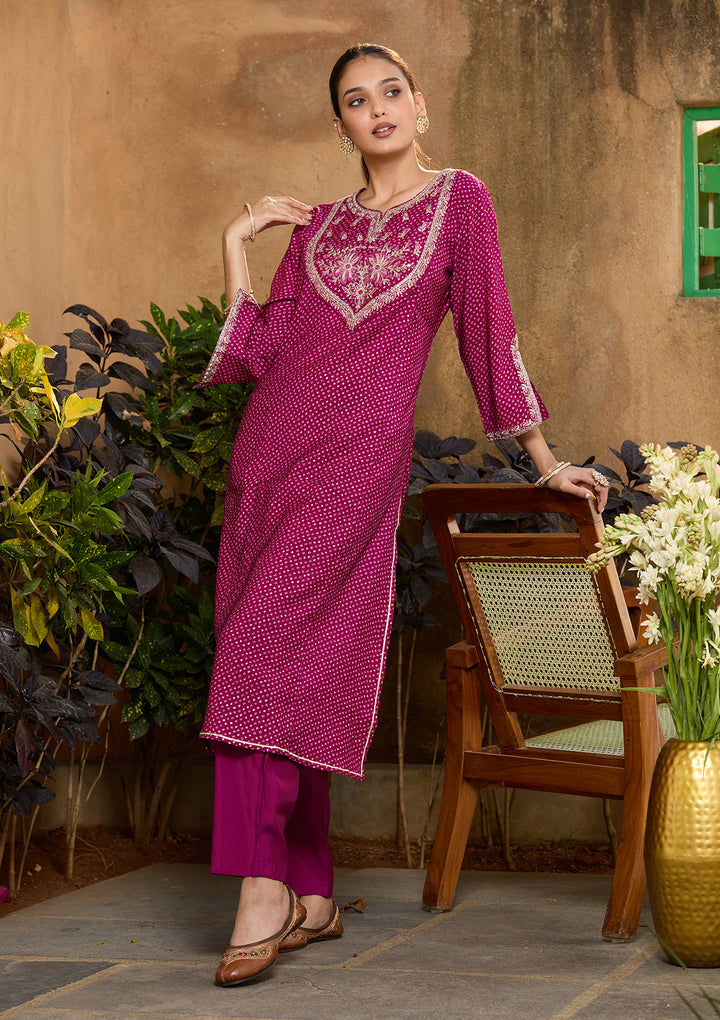 Purple Chanderi Bandhej Cording Straight Kurta With Regular Pant And Dupatta