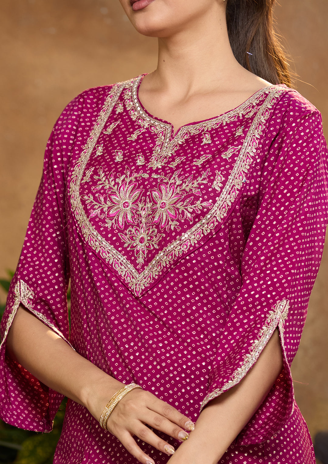 Purple Chanderi Bandhej Cording Straight Kurta With Regular Pant And Dupatta