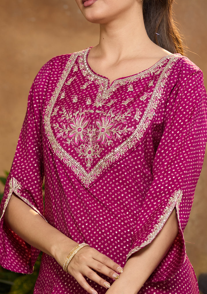 Purple Chanderi Bandhej Cording Straight Kurta With Regular Pant And Dupatta