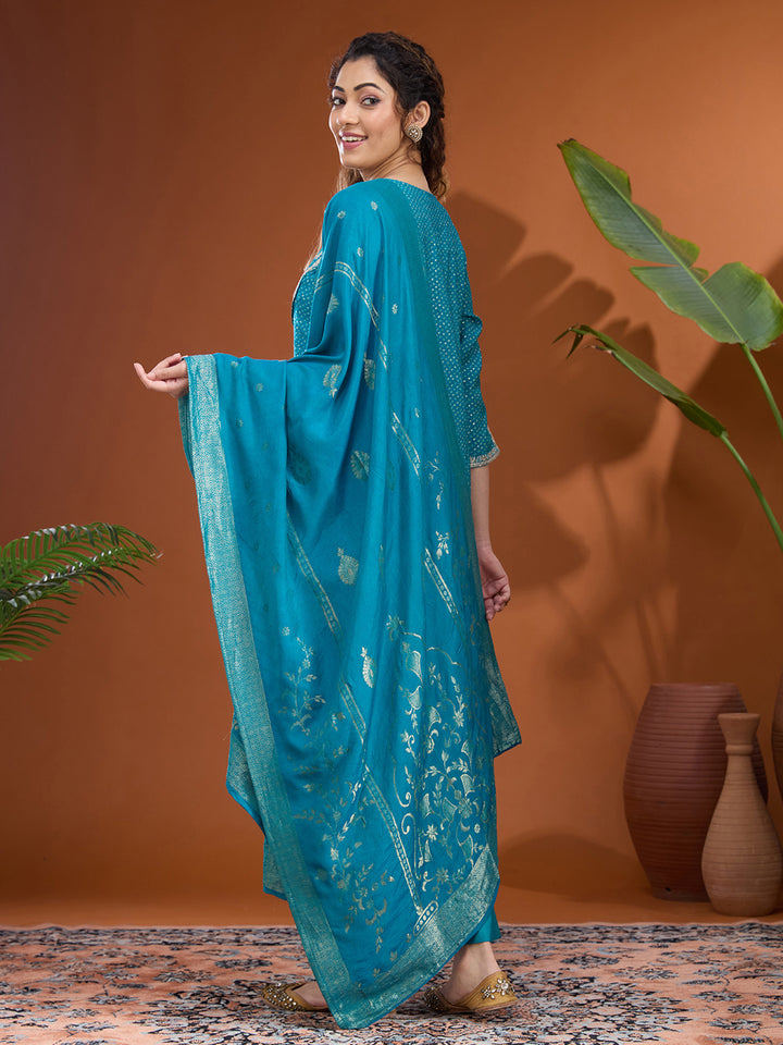 Turquoise Blue Cording Chanderi Readymade Salwar Suit
