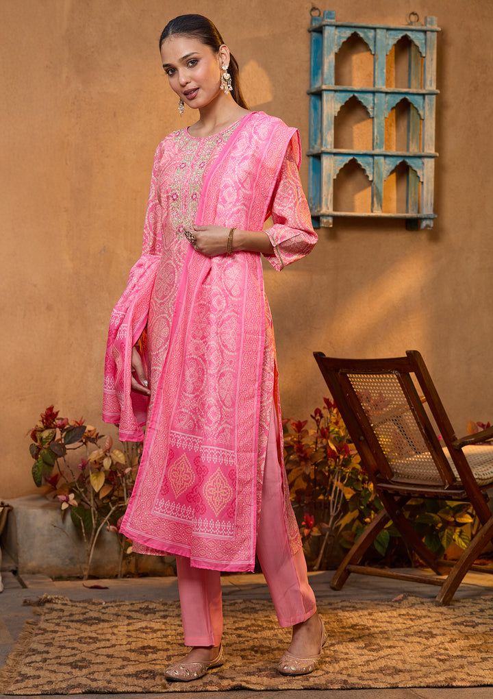 Pink Chanderi Bandhej Threadwork Straight Kurta With Pant Regular And Dupatta