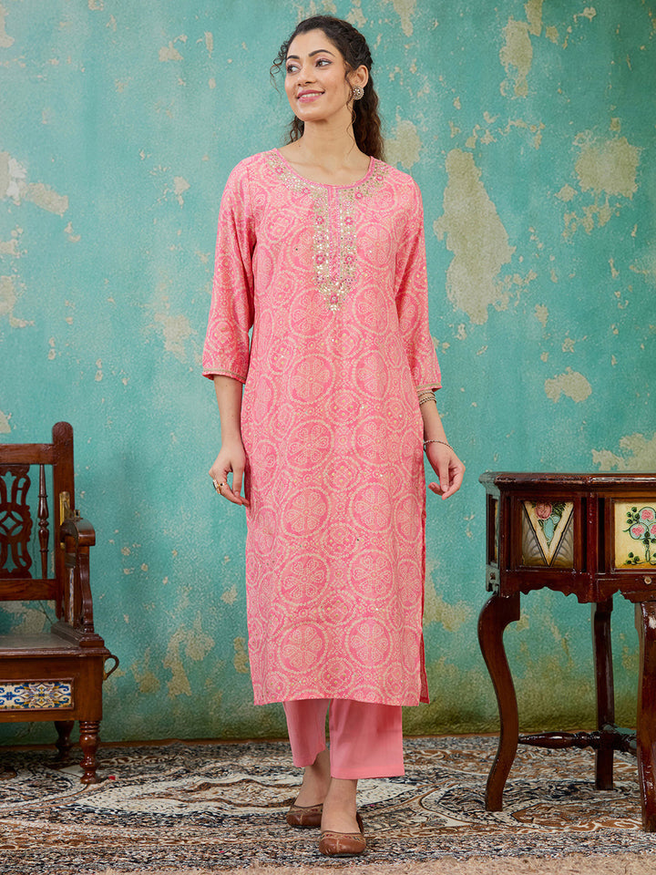 Pink Threadwork Chanderi Readymade Salwar Suit