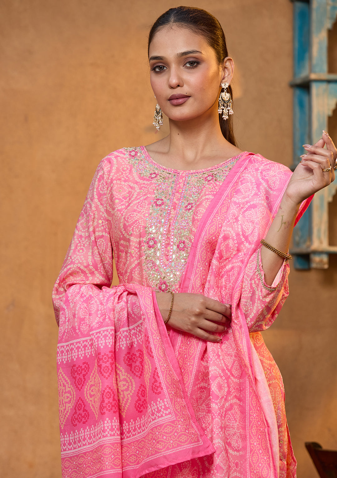 Pink Chanderi Bandhej Threadwork Straight Kurta With Pant Regular And Dupatta