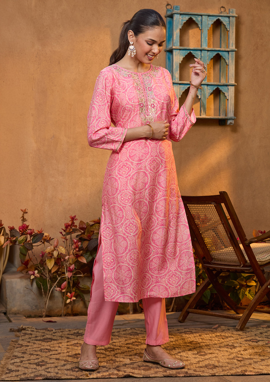 Pink Chanderi Bandhej Threadwork Straight Kurta With Pant Regular And Dupatta