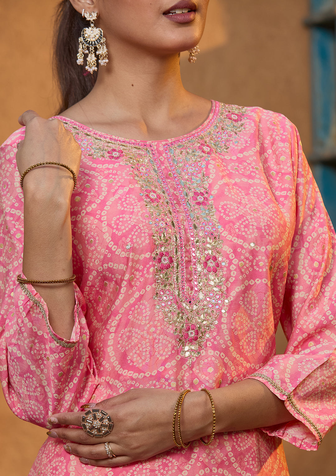 Pink Chanderi Bandhej Threadwork Straight Kurta With Pant Regular And Dupatta