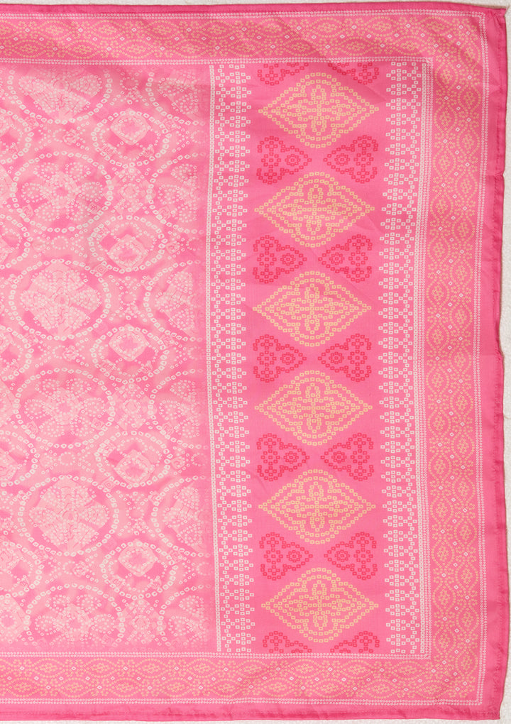 Pink Chanderi Bandhej Threadwork Straight Kurta With Pant Regular And Dupatta