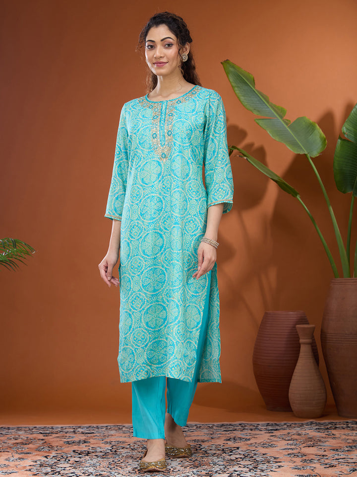 Turquoise Blue Threadwork Chanderi Readymade Salwar Suit