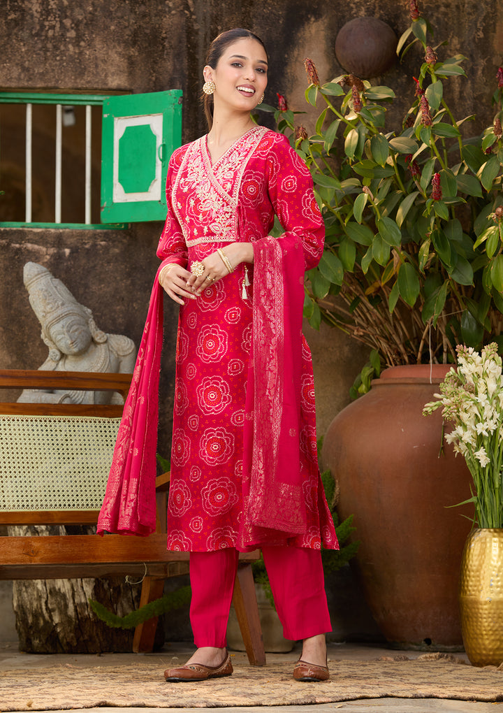 Rani Pink Chanderi Bandhej Sequins Straight Kurta With Regular Pant And Dupatta