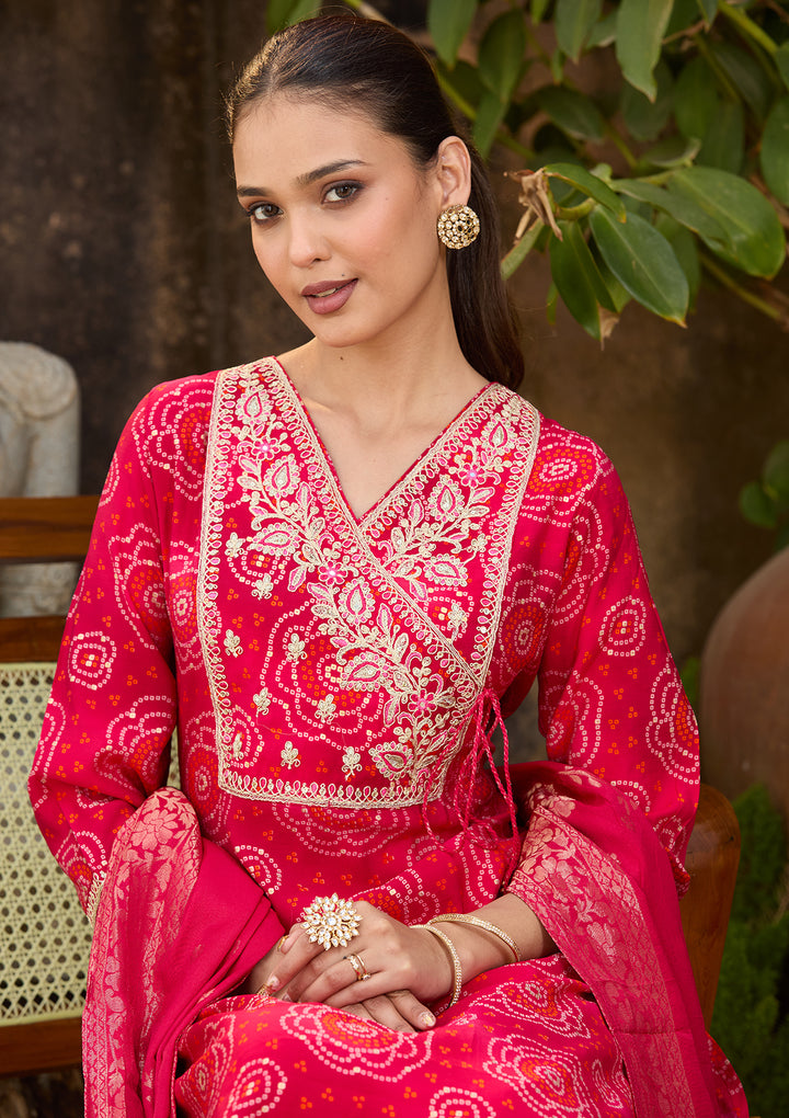 Rani Pink Chanderi Bandhej Sequins Straight Kurta With Regular Pant And Dupatta