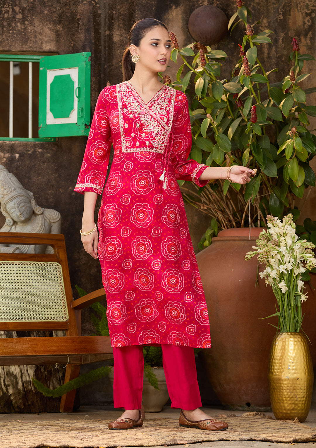 Rani Pink Chanderi Bandhej Sequins Straight Kurta With Regular Pant And Dupatta