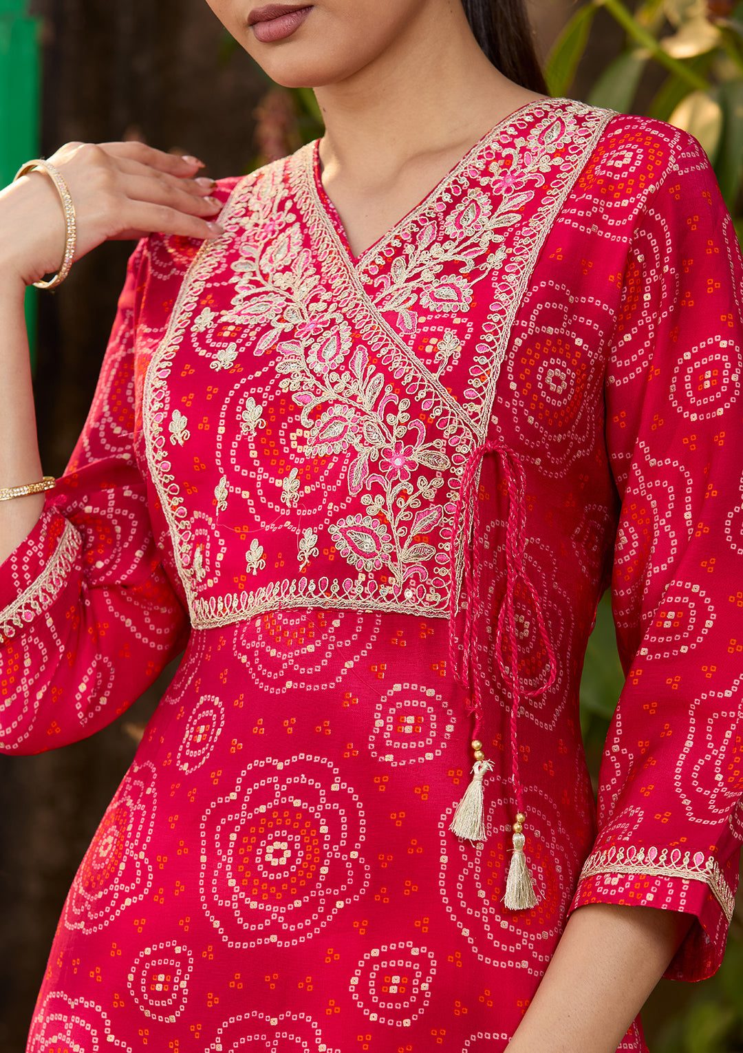 Rani Pink Chanderi Bandhej Sequins Straight Kurta With Regular Pant And Dupatta