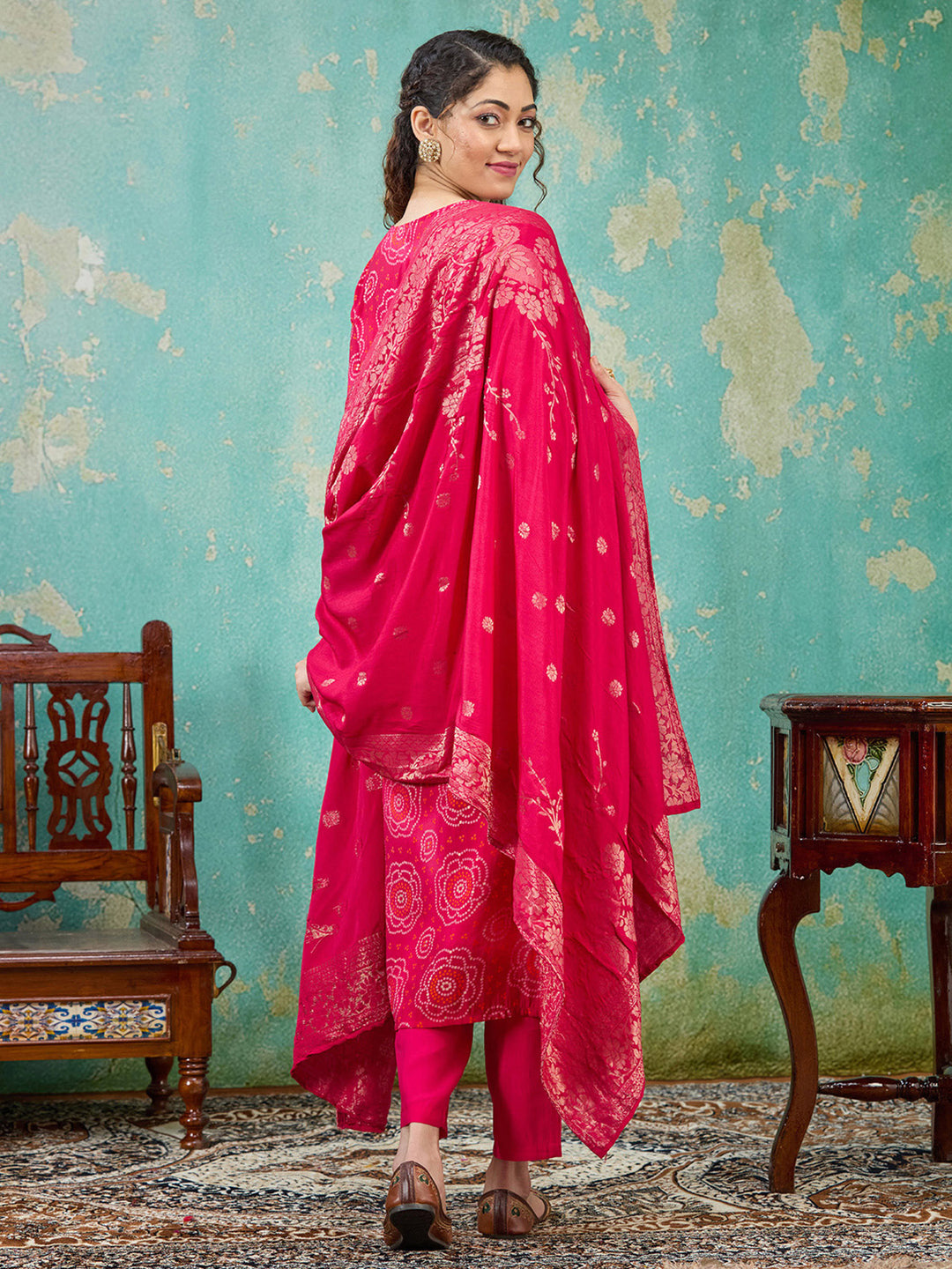 Rani Pink Sequins Chanderi Readymade Salwar Suit