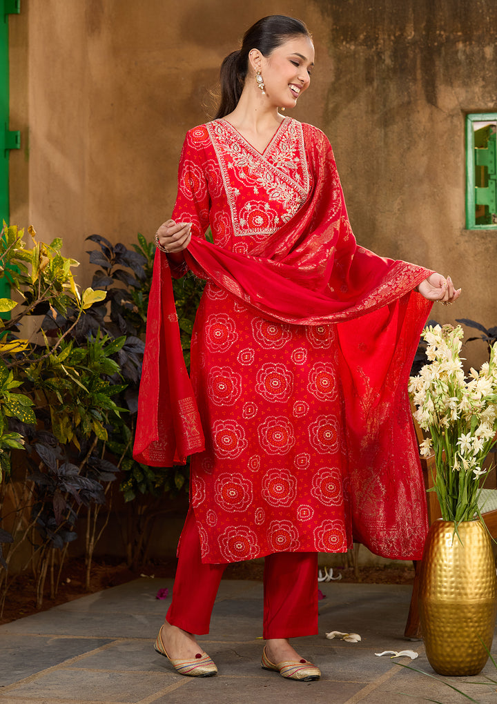Red Chanderi Bandhej Sequins Straight Kurta With Pant Regular And Dupatta