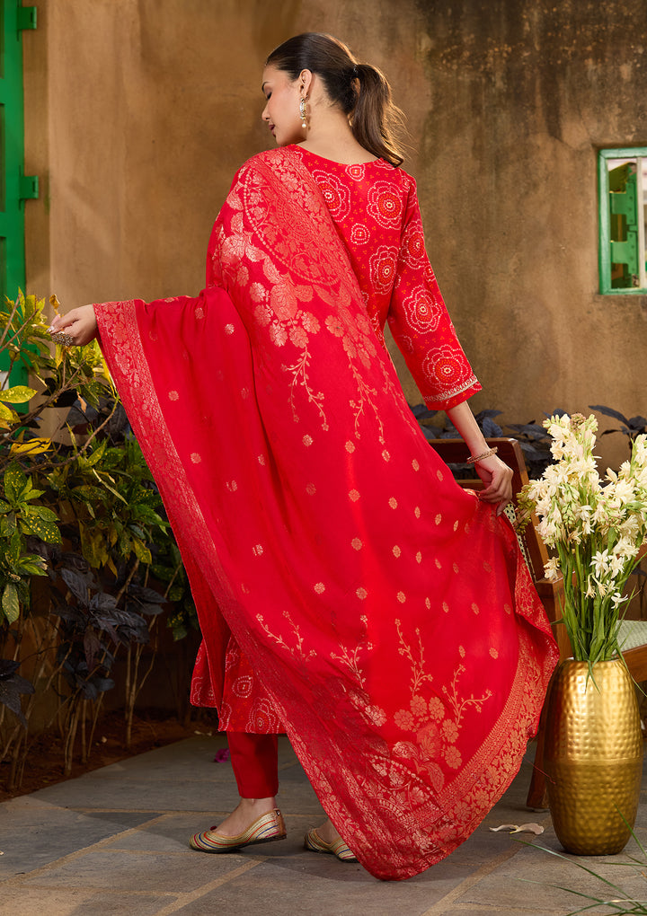 Red Chanderi Bandhej Sequins Straight Kurta With Pant Regular And Dupatta