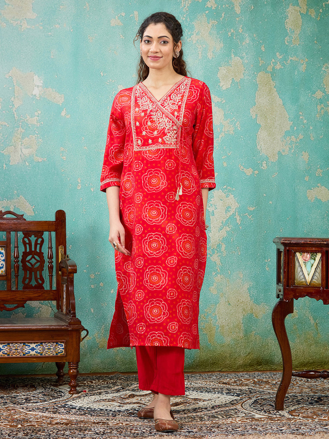 Red Sequins Chanderi Readymade Salwar Suit
