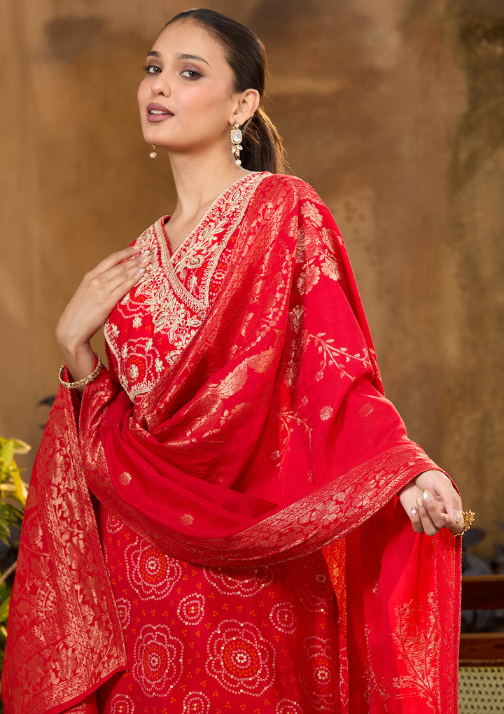Red Chanderi Bandhej Sequins Straight Kurta With Pant Regular And Dupatta
