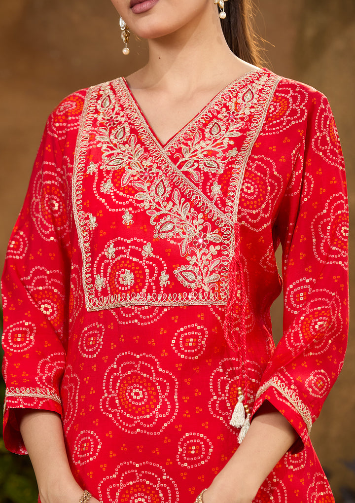 Red Chanderi Bandhej Sequins Straight Kurta With Pant Regular And Dupatta