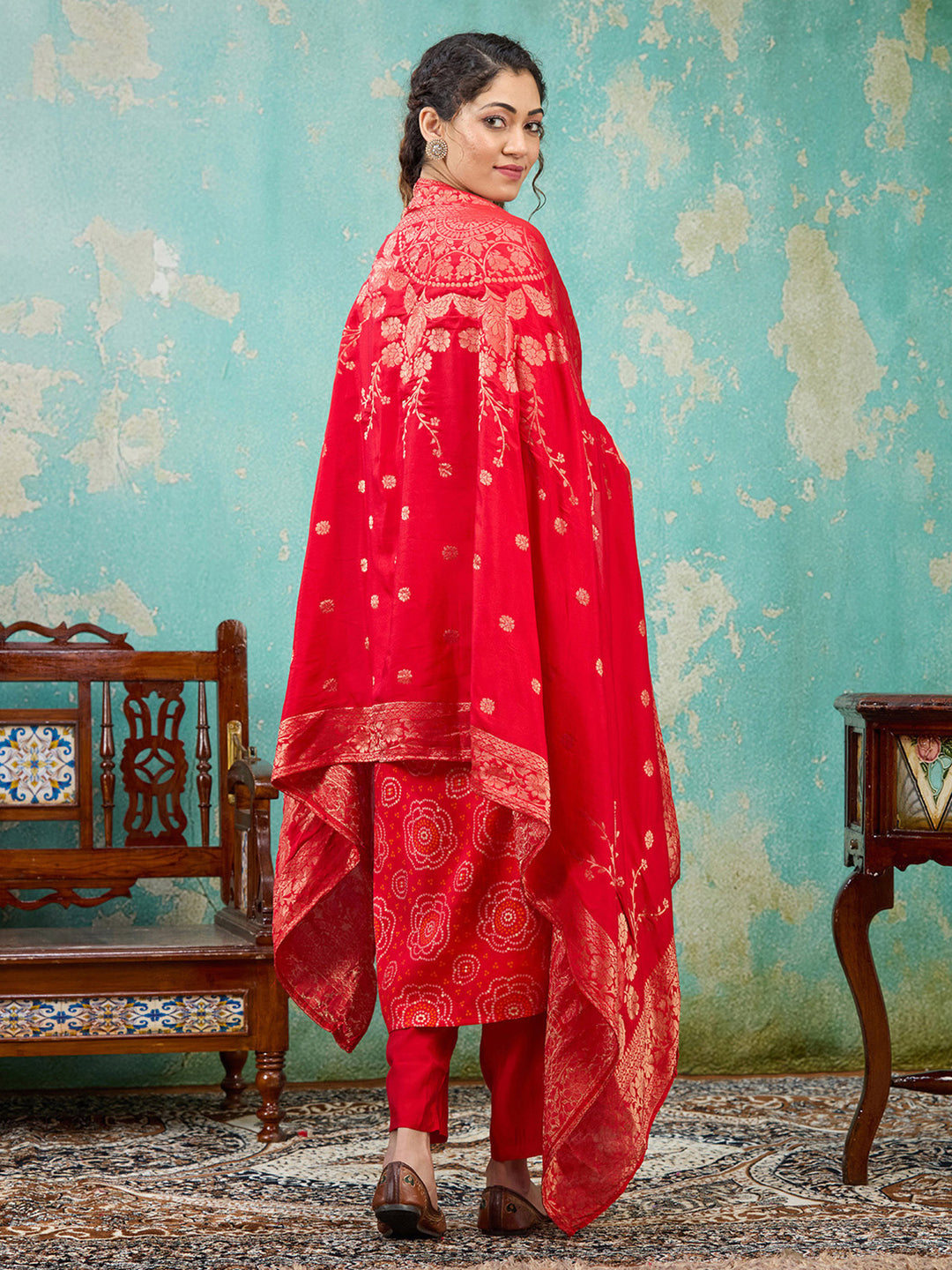 Red Sequins Chanderi Readymade Salwar Suit
