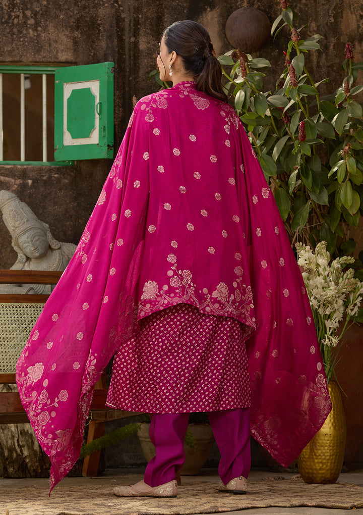Purple Chanderi Bandhej Cording Straight Kurta With Regular Pant And Dupatta
