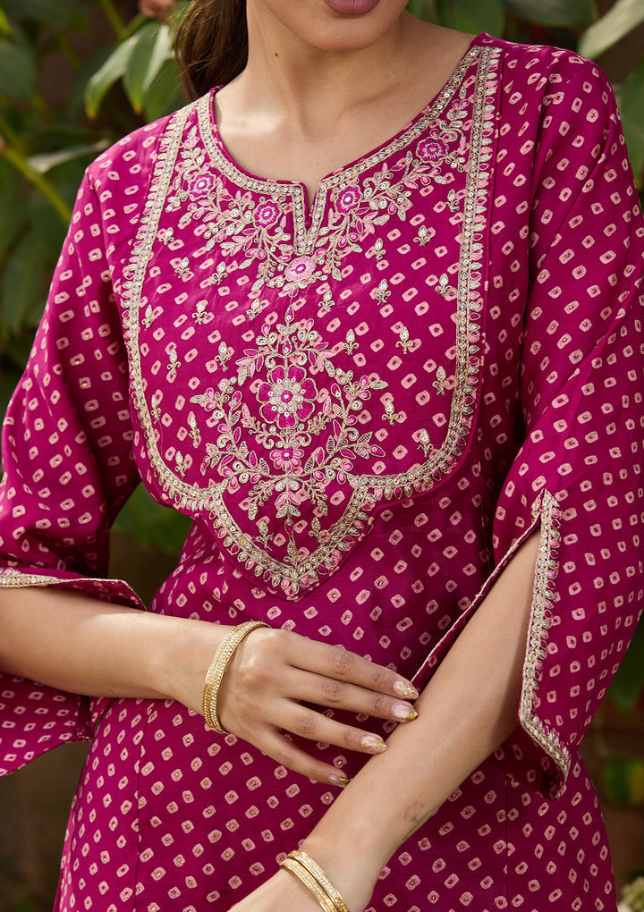 Purple Chanderi Bandhej Cording Straight Kurta With Regular Pant And Dupatta