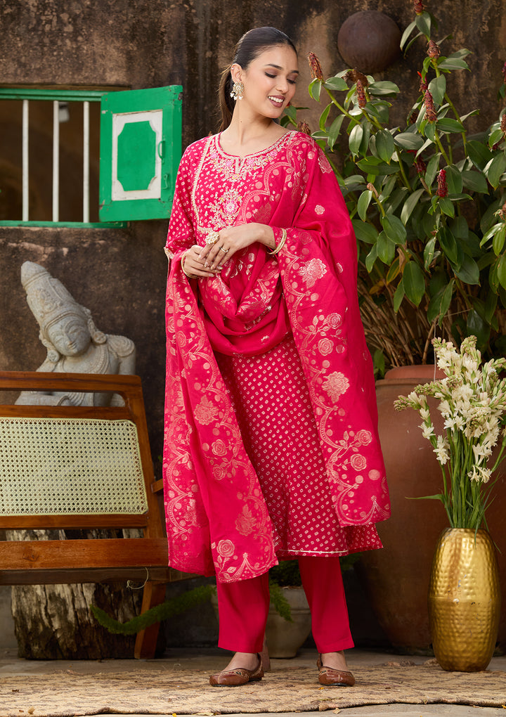 Rani Pink Chanderi Bandhej Cording Straight Kurta With Regular Pant And Dupatta