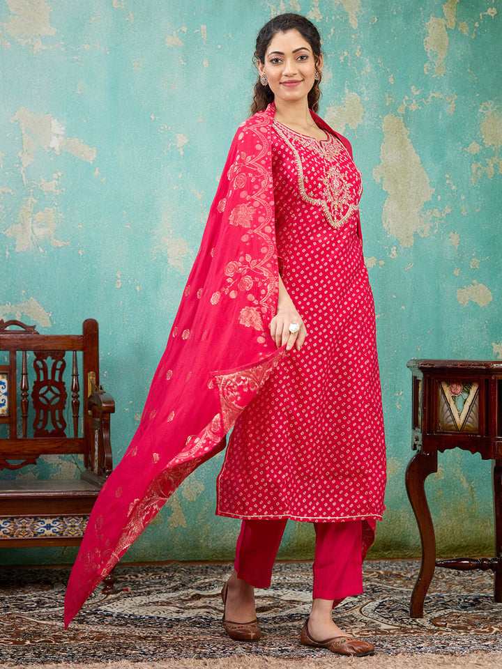 Rani Pink Cording Chanderi Readymade Salwar Suit