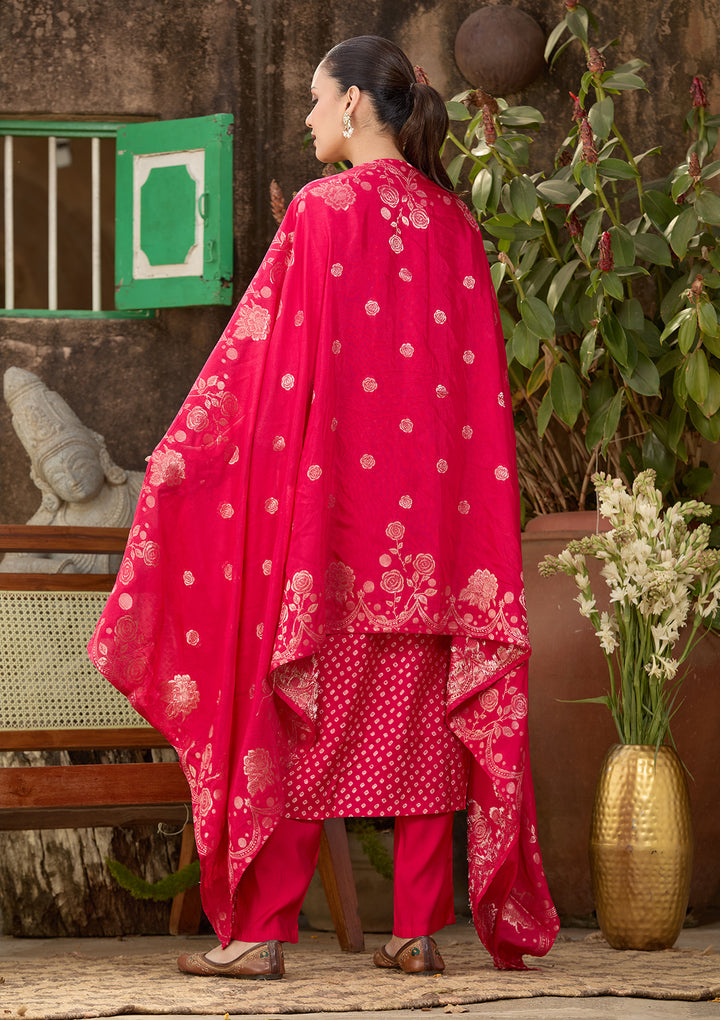 Rani Pink Chanderi Bandhej Cording Straight Kurta With Regular Pant And Dupatta