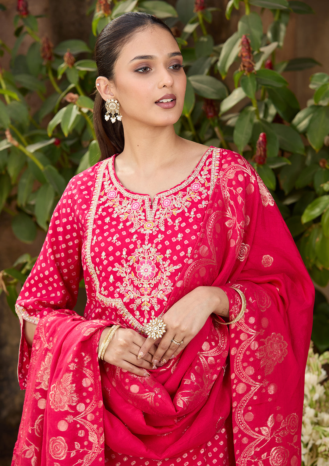 Rani Pink Chanderi Bandhej Cording Straight Kurta With Regular Pant And Dupatta