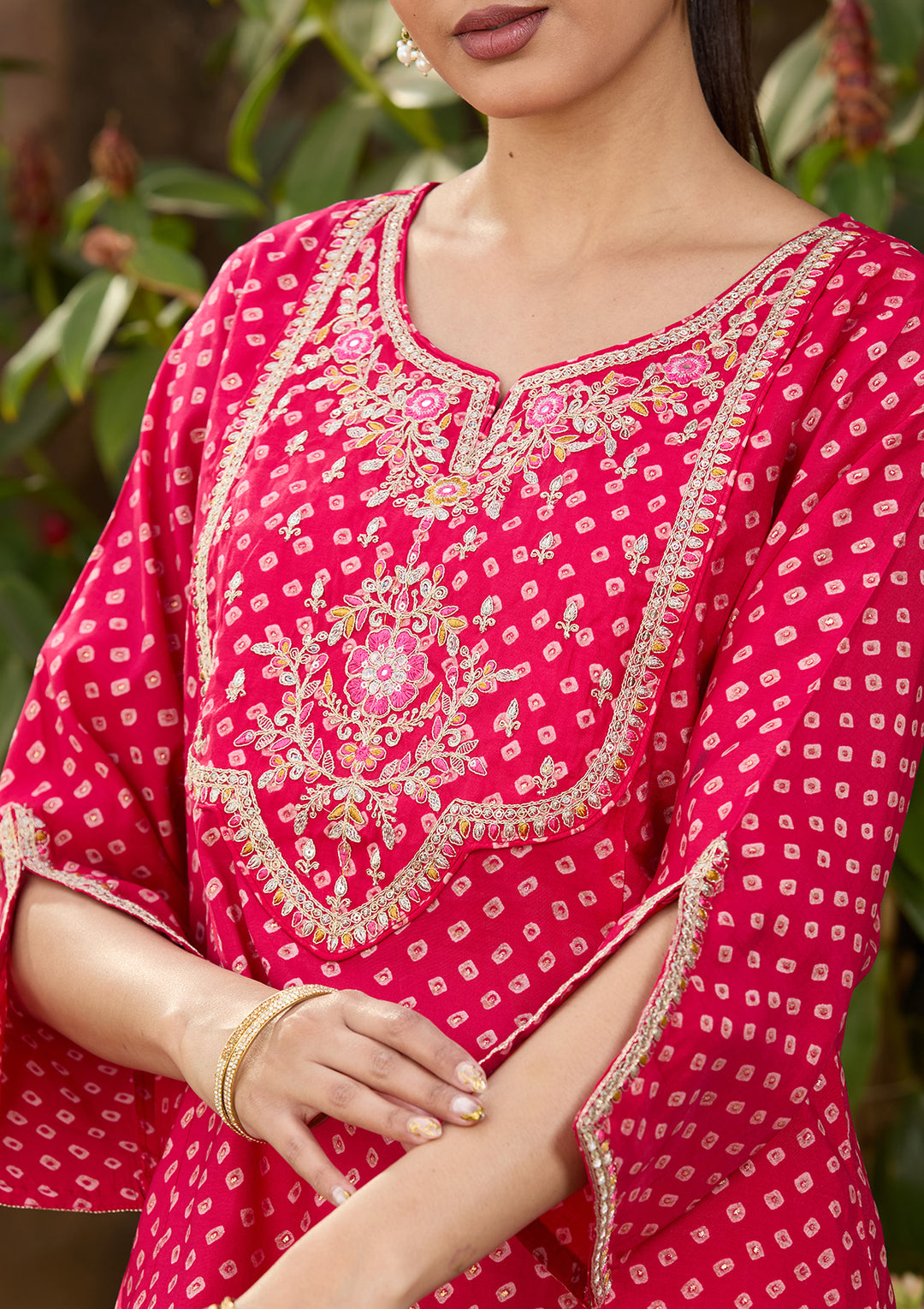 Rani Pink Chanderi Bandhej Cording Straight Kurta With Regular Pant And Dupatta