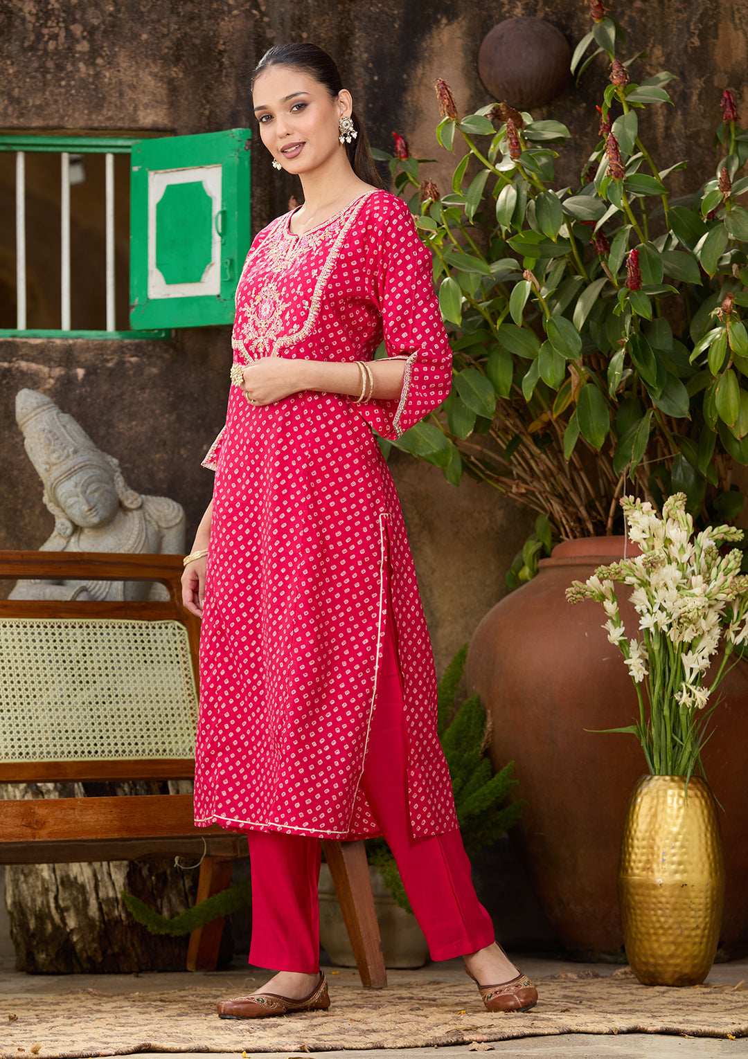 Rani Pink Chanderi Bandhej Cording Straight Kurta With Regular Pant And Dupatta