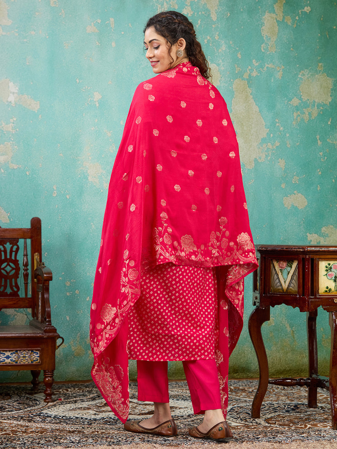 Rani Pink Cording Chanderi Readymade Salwar Suit