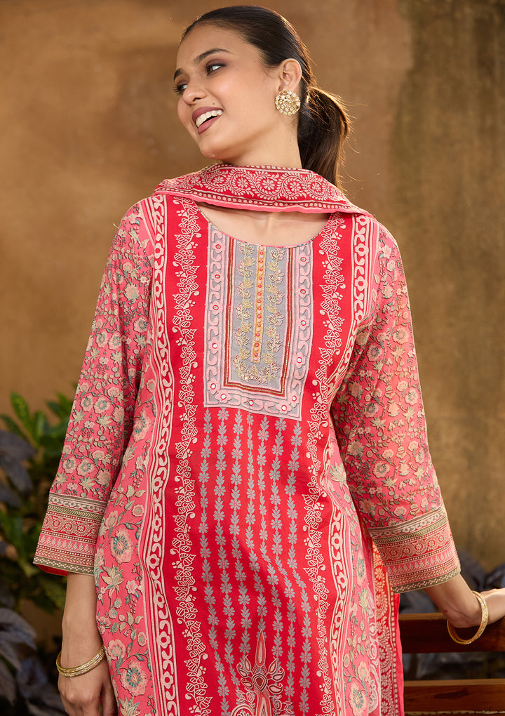 Gajari Pink Chanderi Abstract Geometric Cutdana Straight Kurta With Regular Pant And Dupatta