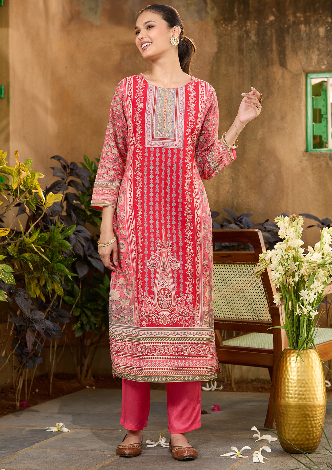Gajari Pink Chanderi Abstract Geometric Cutdana Straight Kurta With Regular Pant And Dupatta