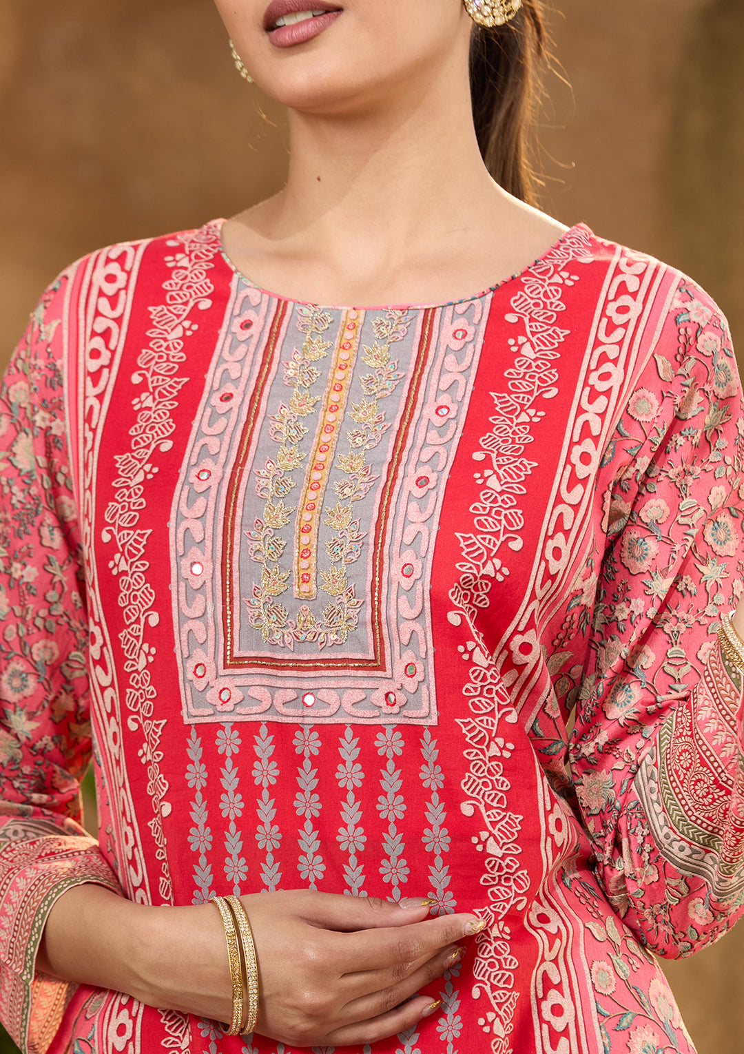 Gajari Pink Chanderi Abstract Geometric Cutdana Straight Kurta With Regular Pant And Dupatta