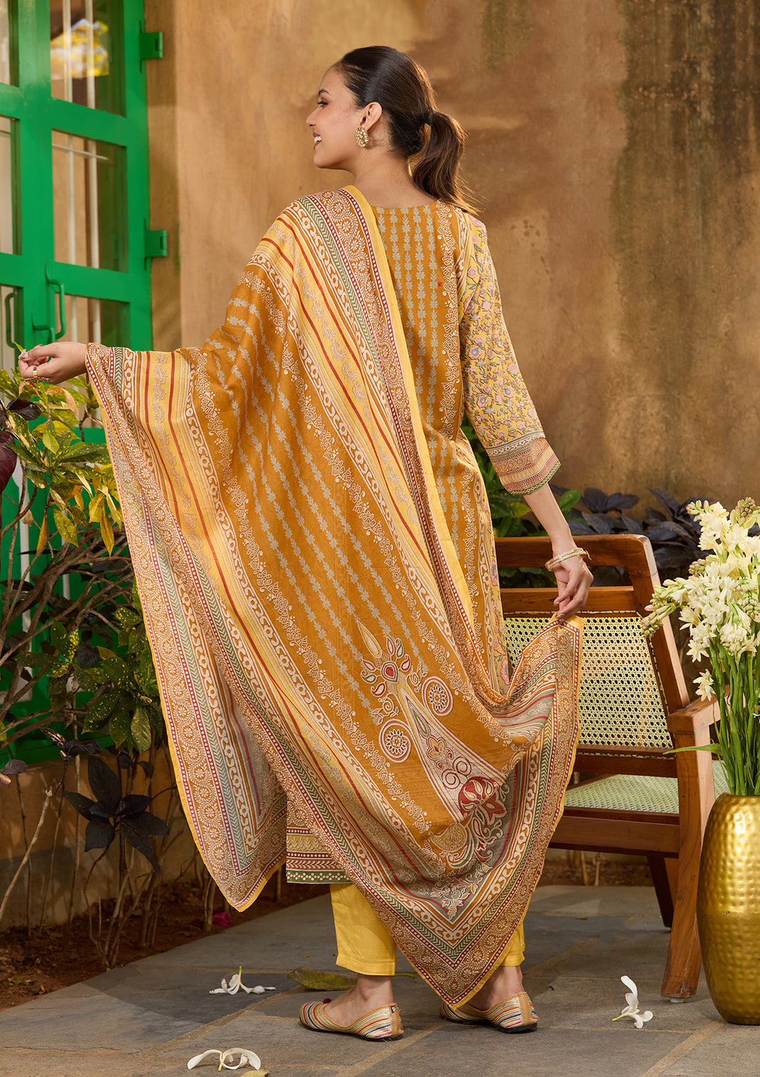 Mustard Yellow Chanderi Abstract Geometric Cutdana Straight Kurta With Pant Regular And Dupatta