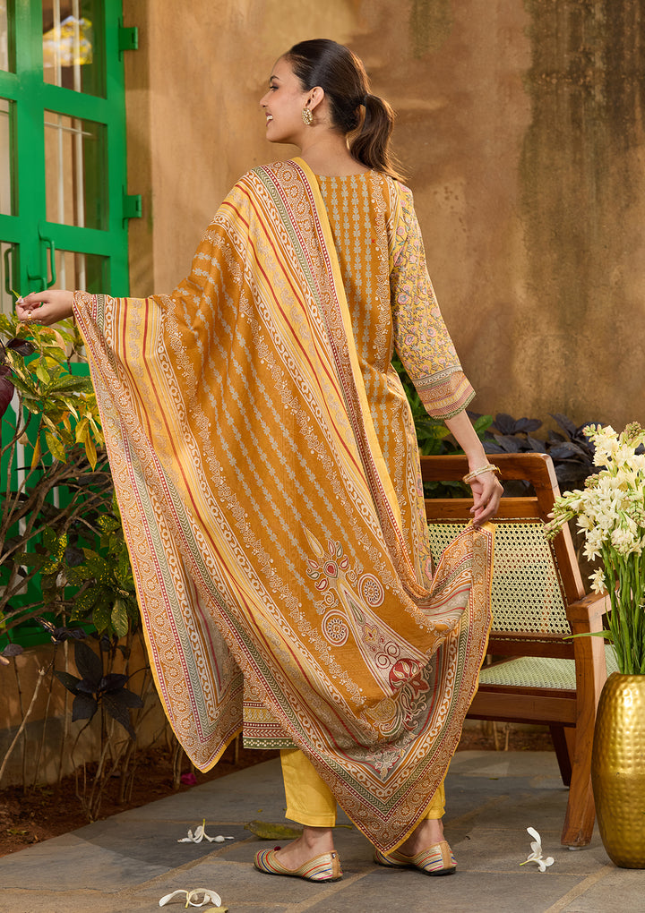 Mustard Yellow Chanderi Abstract Geometric Cutdana Straight Kurta With Pant Regular And Dupatta