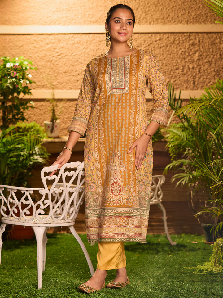 Mustard Yellow Cutdana Chanderi Readymade Salwar Suit