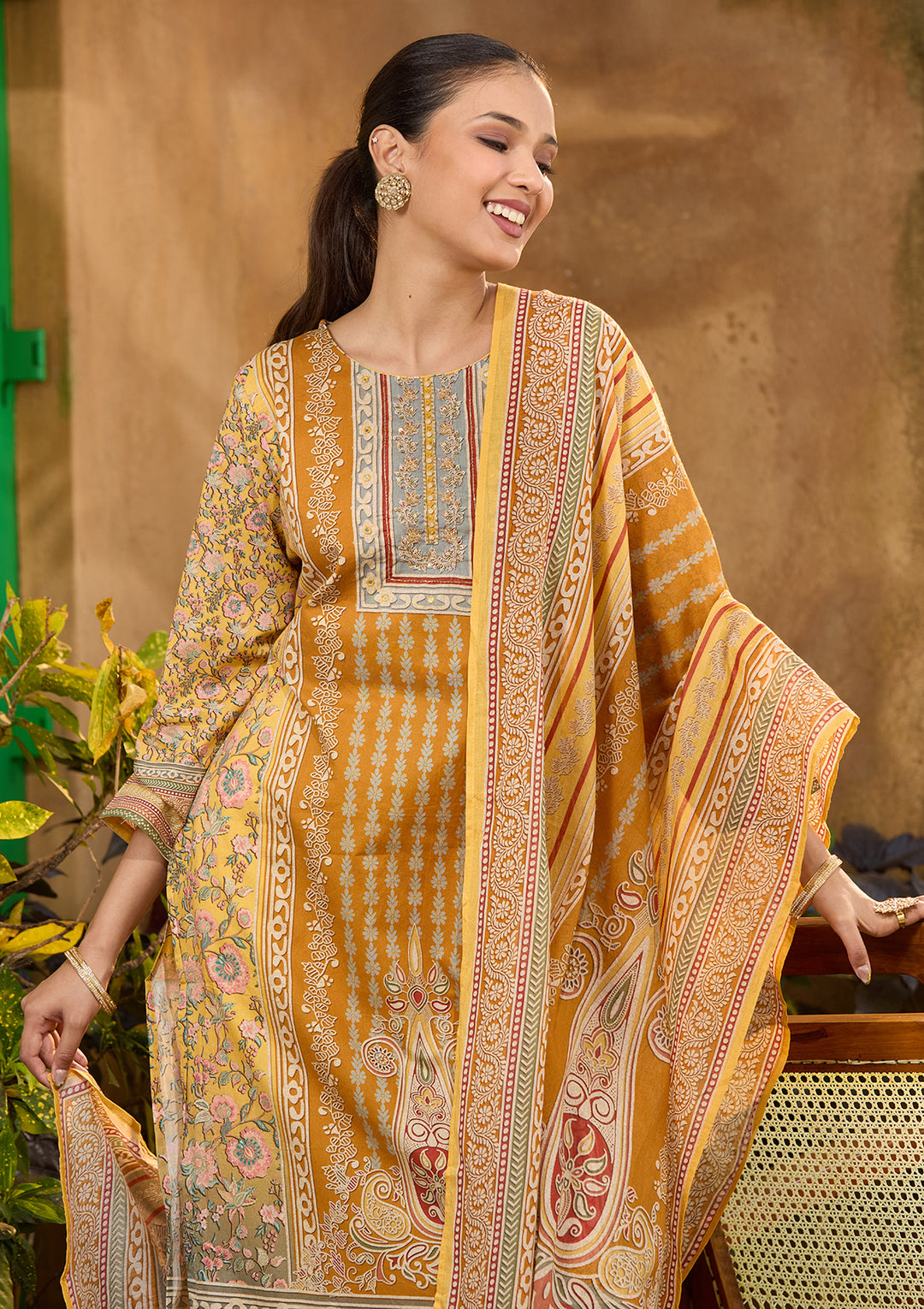 Mustard Yellow Chanderi Abstract Geometric Cutdana Straight Kurta With Pant Regular And Dupatta