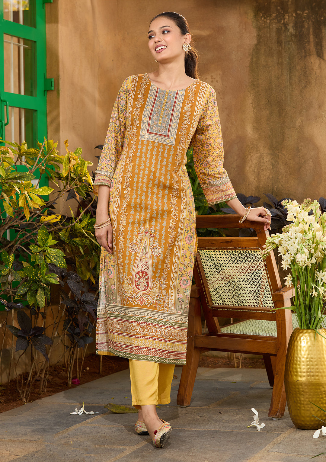 Mustard Yellow Chanderi Abstract Geometric Cutdana Straight Kurta With Pant Regular And Dupatta
