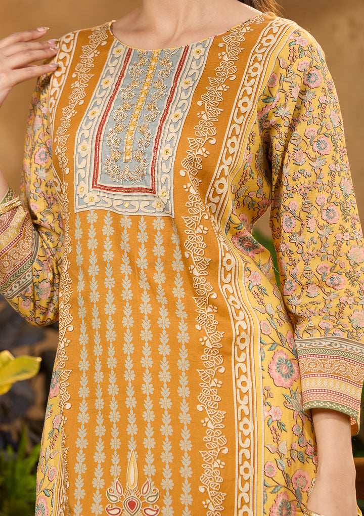 Mustard Yellow Chanderi Abstract Geometric Cutdana Straight Kurta With Pant Regular And Dupatta