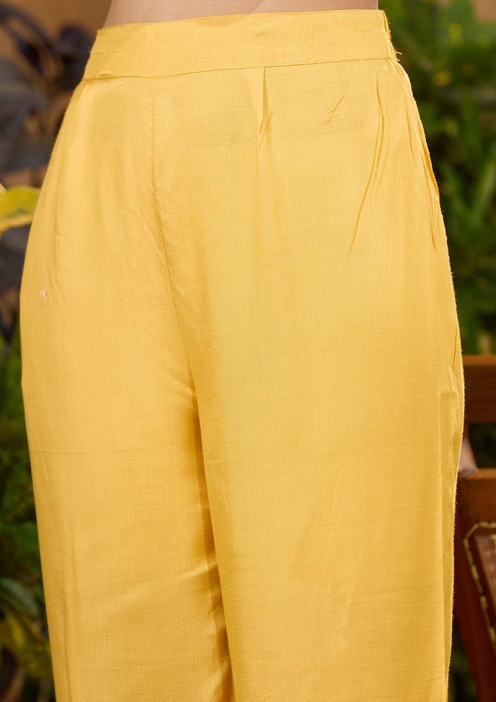 Mustard Yellow Chanderi Abstract Geometric Cutdana Straight Kurta With Pant Regular And Dupatta
