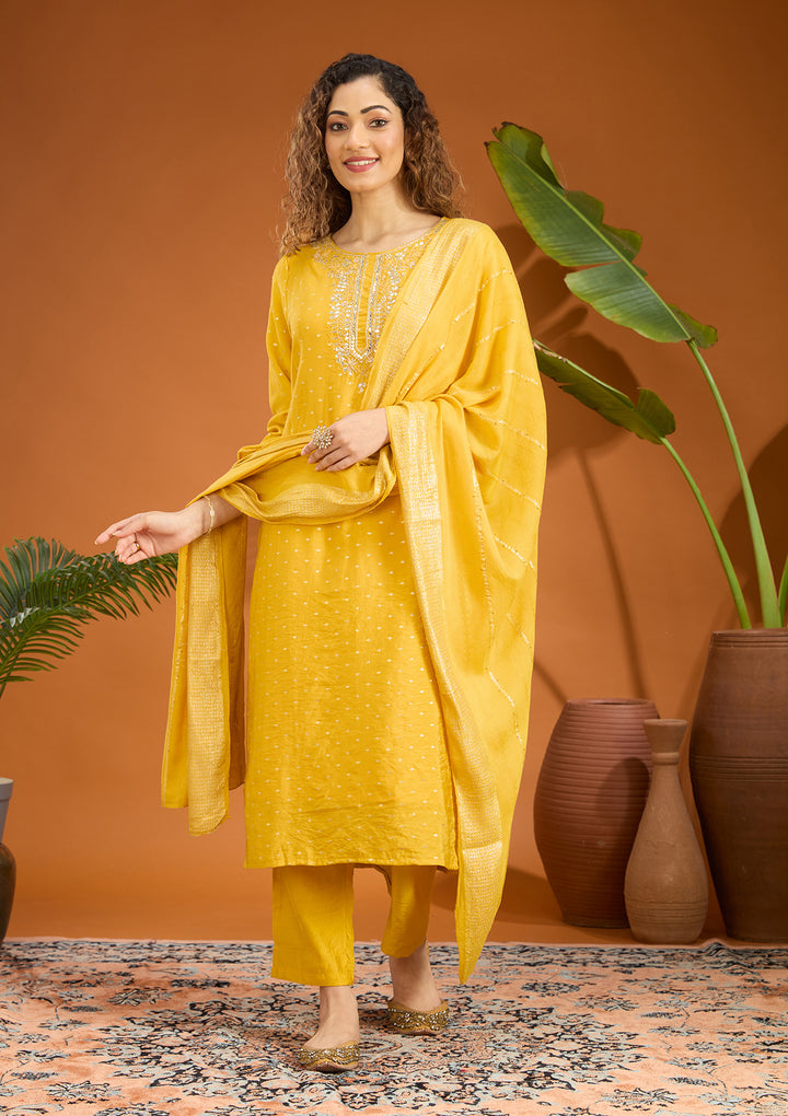 Mustard Yellow Cording Chanderi Readymade Salwar Suit