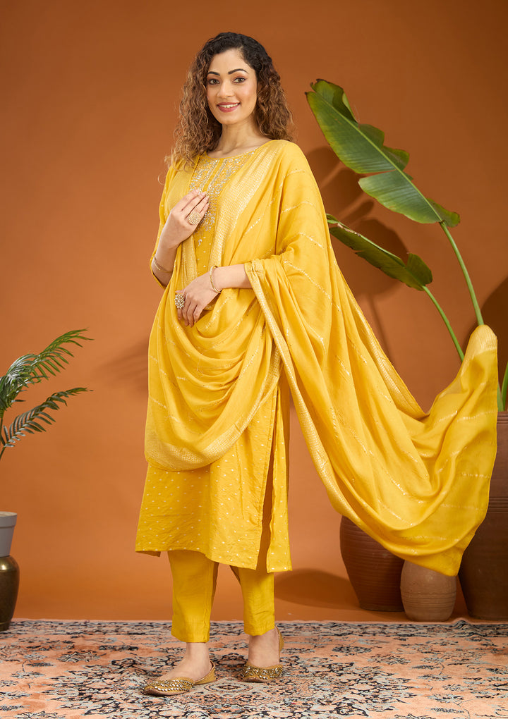 Mustard Yellow Cording Chanderi Readymade Salwar Suit
