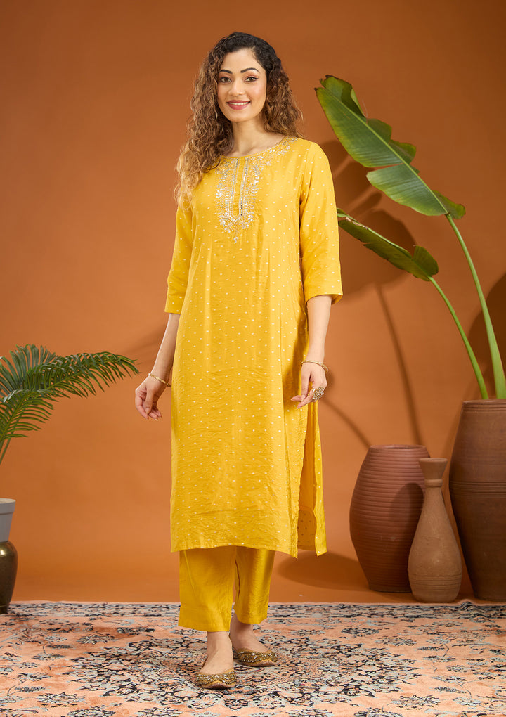 Mustard Yellow Cording Chanderi Readymade Salwar Suit