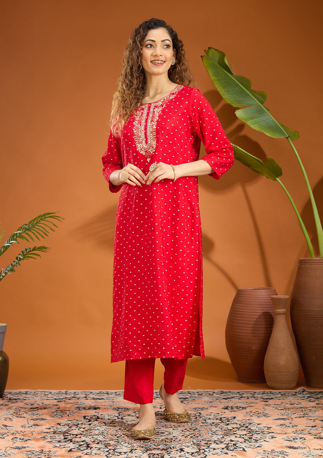 Red Cording Chanderi Readymade Salwar Suit