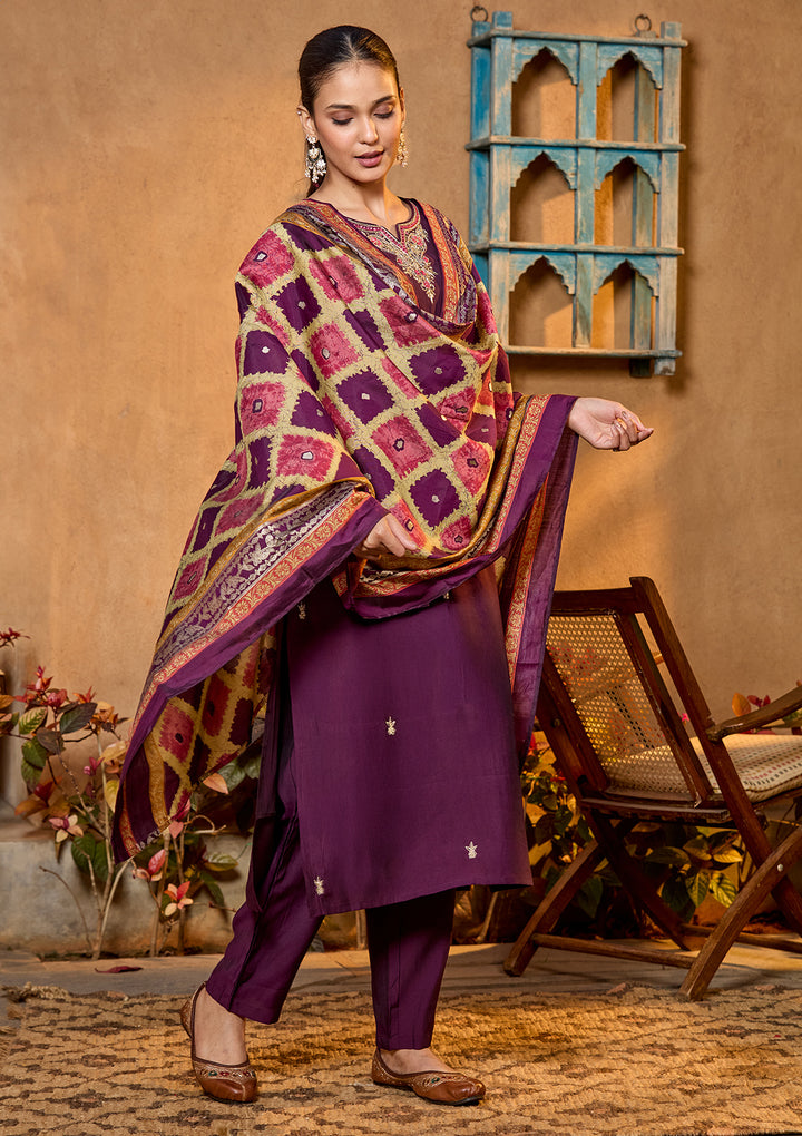 Purple Soft Raw Silk Gold Zariwork Straight Kurta With Pant Regular And Dupatta