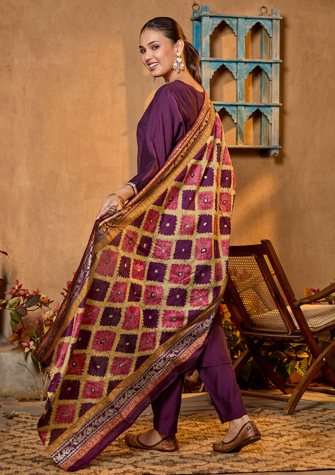 Purple Soft Raw Silk Gold Zariwork Straight Kurta With Pant Regular And Dupatta