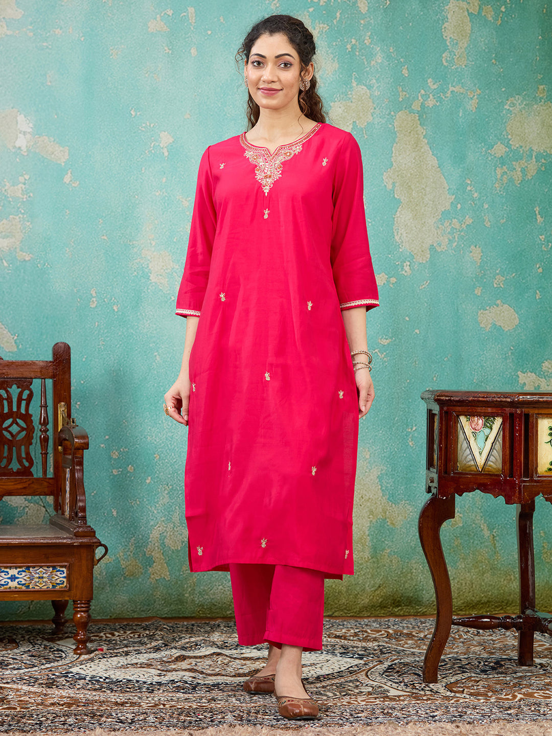 Rani Pink Zariwork Soft Raw Silk Readymade Salwar Suit